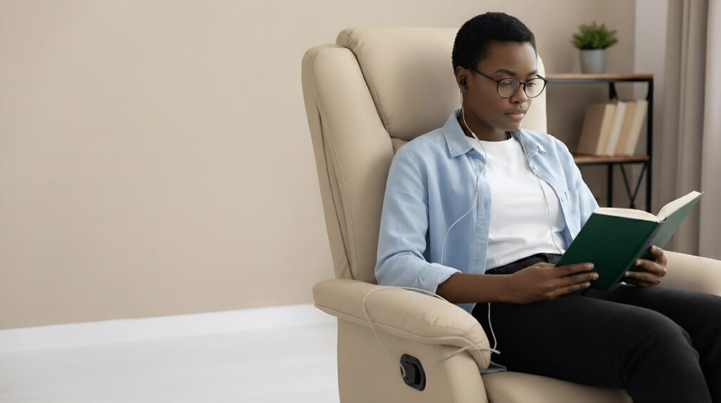 a client doing a vagus nerve stimulation session (VNS) at ReviveO2